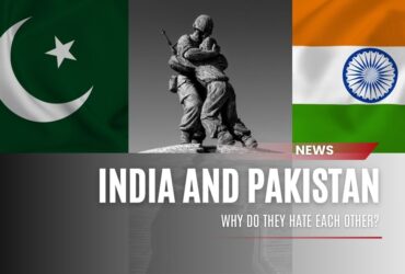 India and Pakistan flags with soldier statue symbolizing conflict and rivalry between the two nations