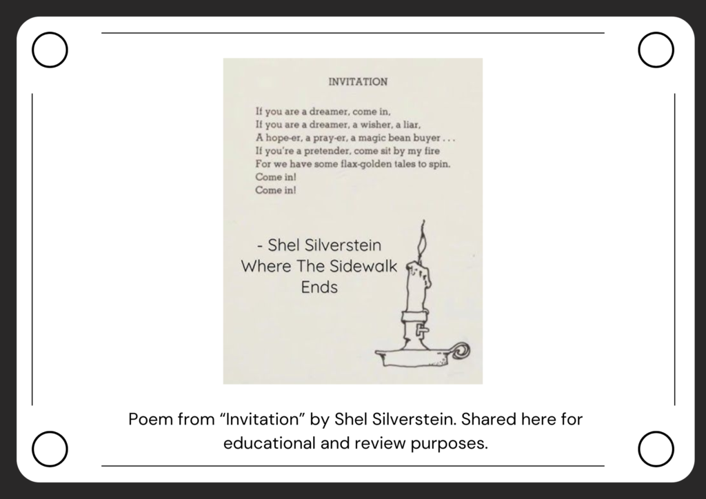 Image of Shel Silverstein’s poem "Invitation" designed by tricklings.com on Canva.