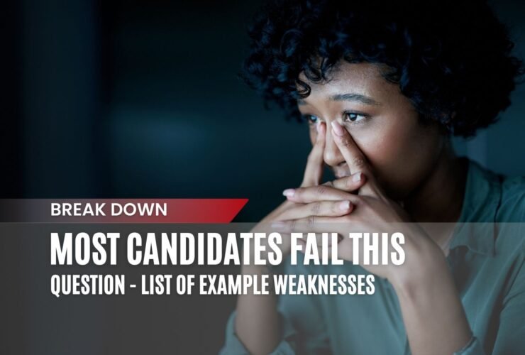 Stressed job candidate thinking about interview weaknesses. Text overlay: "Most Candidates Fail This Question - List of Example Weaknesses."