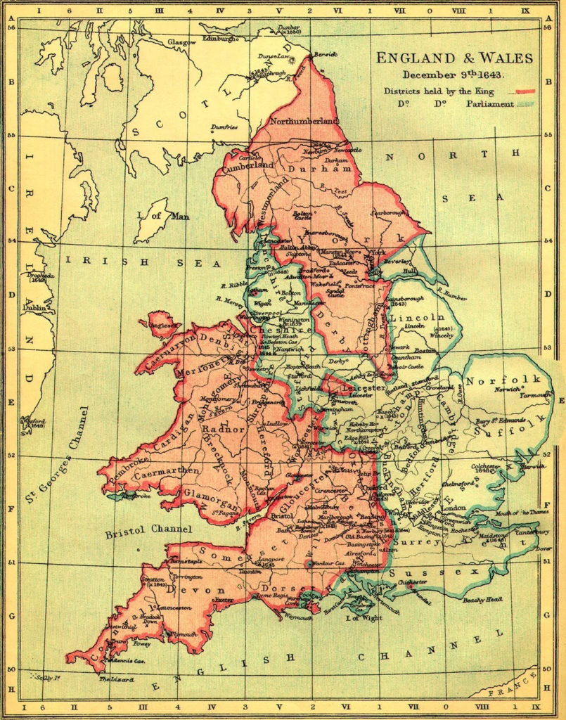 Map showing Royalist and Parliamentarian territories during the English Civil War.