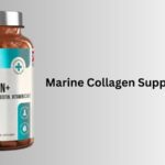 A bottle of marine collagen supplements promoting skin and beauty benefits.