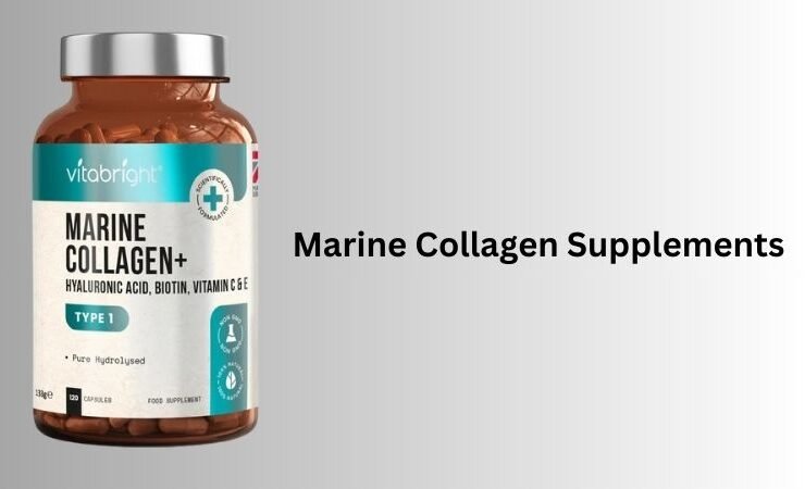 A bottle of marine collagen supplements promoting skin and beauty benefits.