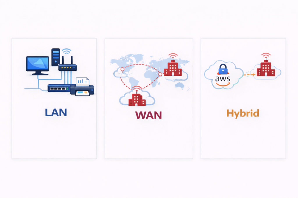LAN network diagram 2026: Office switches routers Ethernet connecting devices for low-latency file sharing and IoT.
WAN network diagram 2026: Global map with MPLS VPN fiber linking distant LANs for remote team collaboration.
Hybrid LAN WAN diagram 2026: Local office LAN connects to SD-WAN cloud for scalable secure business networking."