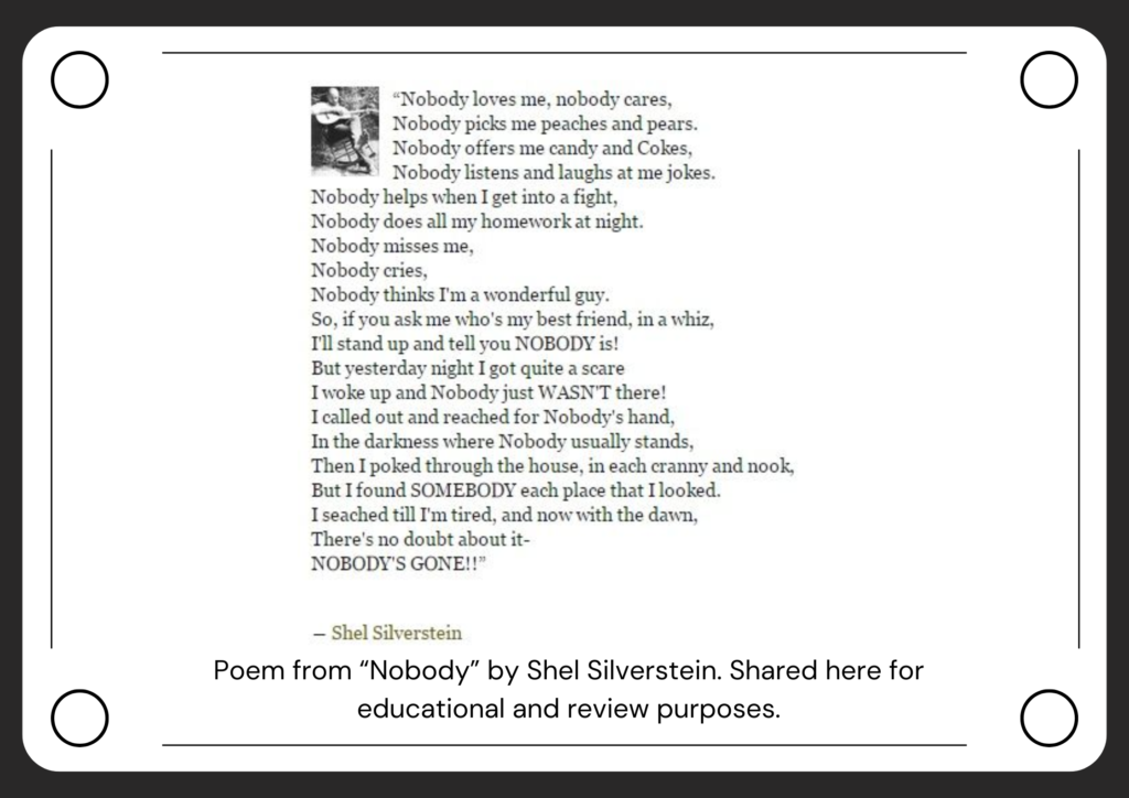 Image of Shel Silverstein’s poem "Nobody" designed by tricklings.com on Canva.