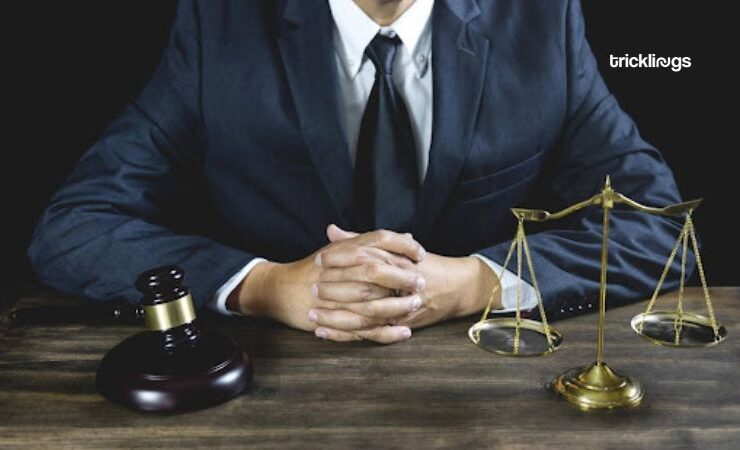 A lawyer sitting in front of justice scale and order