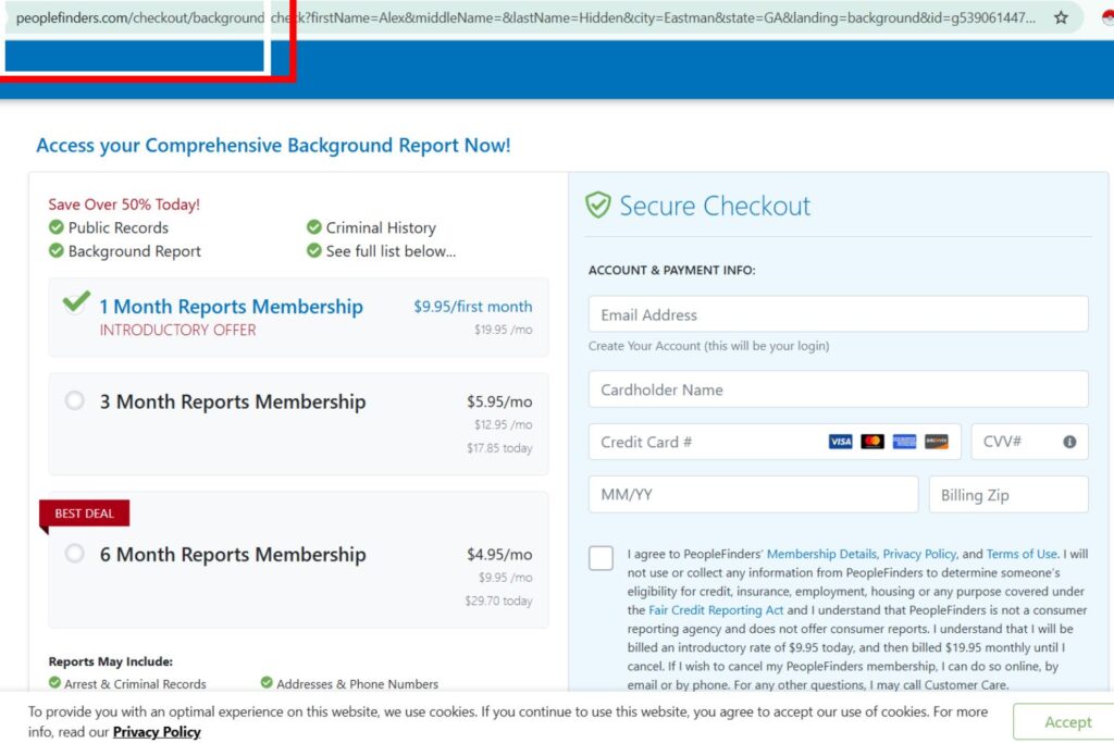 PeopleFinders checkout page with pricing plans for background reports, requiring payment for full details.