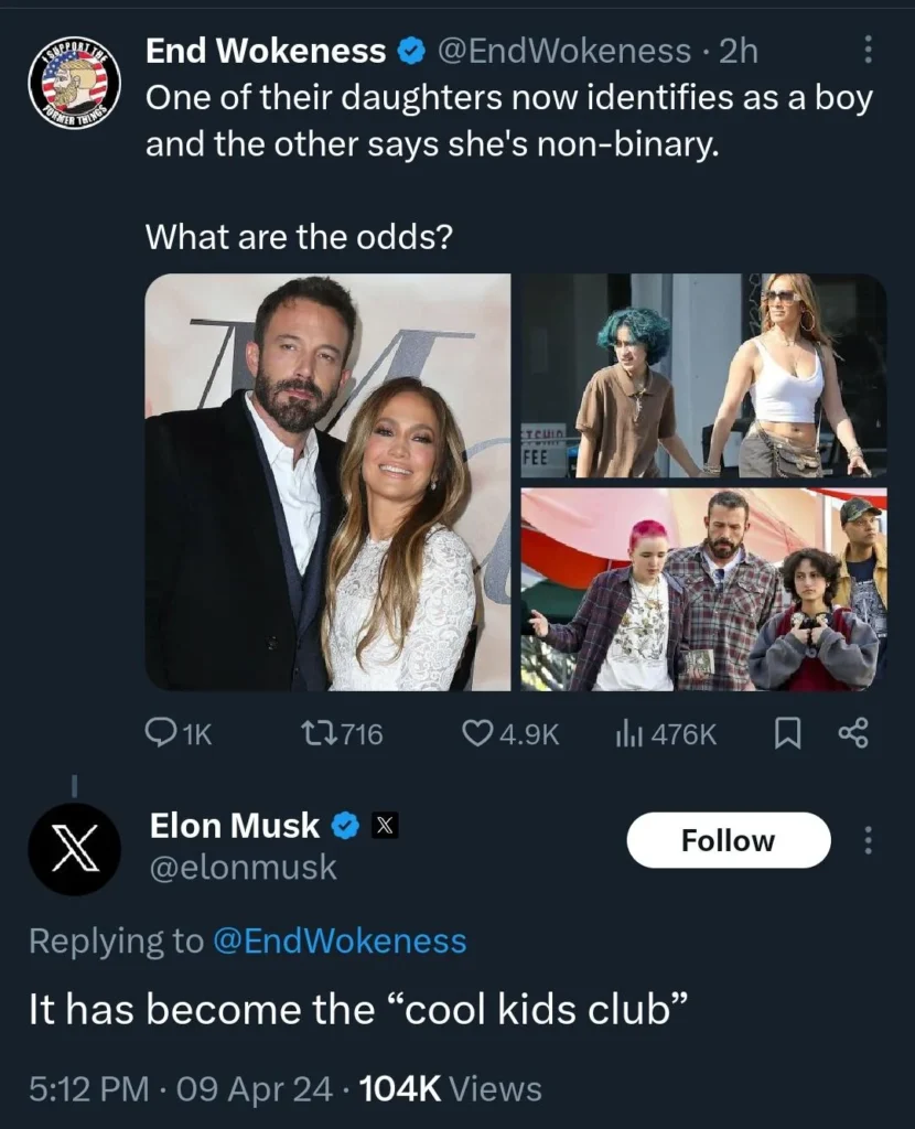 Screenshot of tweet about Ben Affleck and Jennifer Lopez’s children with Elon Musk replying “cool kids club” — top 20 funny pictures online