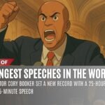 Ghibli art of Senator Cory Booker passionately speaking in court, highlighting his record-breaking 25-hour and 5-minute speech.