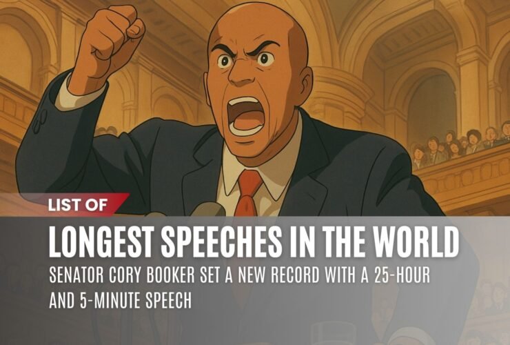 Ghibli art of Senator Cory Booker passionately speaking in court, highlighting his record-breaking 25-hour and 5-minute speech.