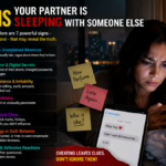 "Infographic showing 7 signs of cheating, including emotional distance, secrecy, and physical clues of infidelity.