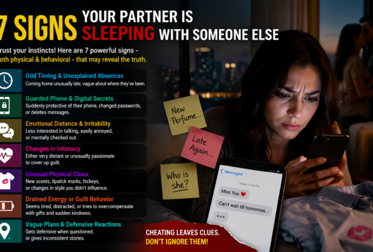 "Infographic showing 7 signs of cheating, including emotional distance, secrecy, and physical clues of infidelity.