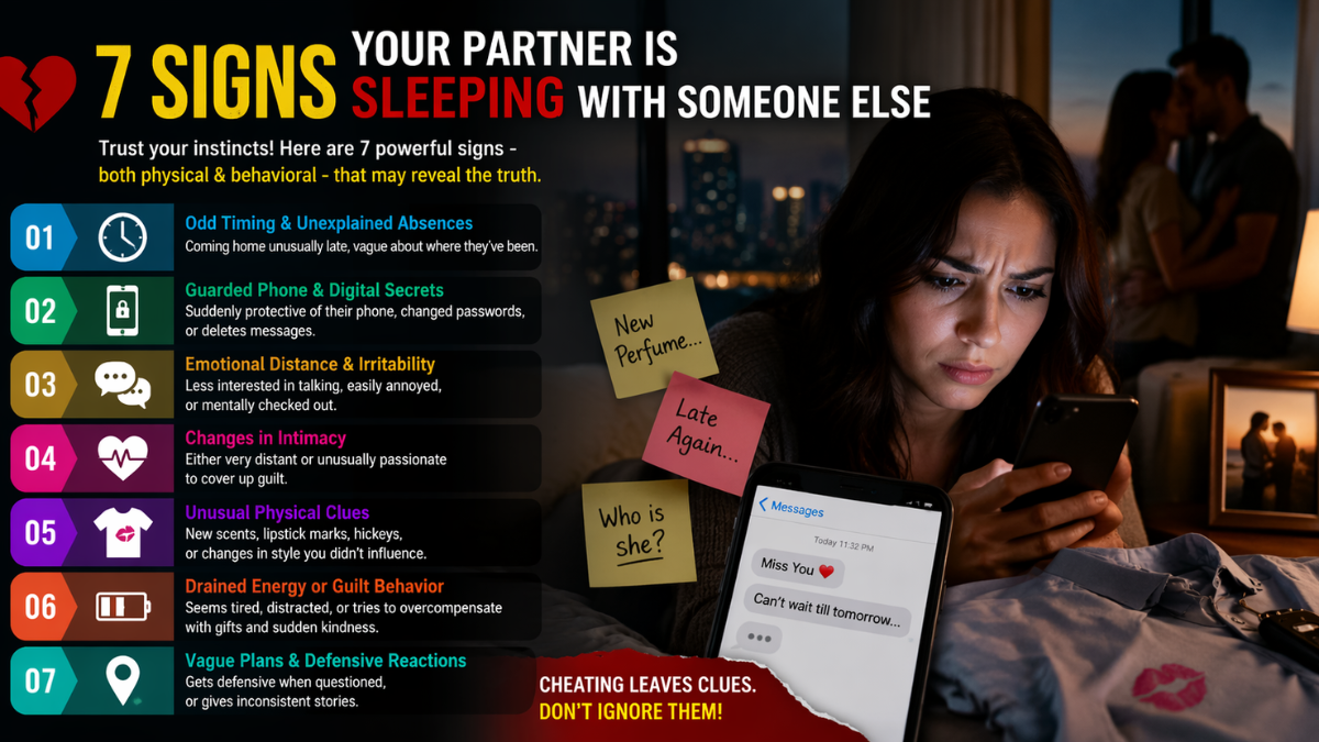 "Infographic showing 7 signs of cheating, including emotional distance, secrecy, and physical clues of infidelity.