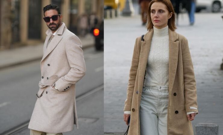 A stylish overcoat paired with both casual and formal outfits for versatile fashion.