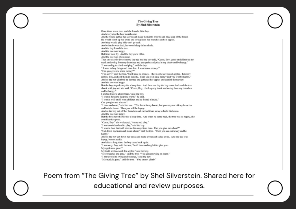 Image of Shel Silverstein’s poem "The Giving Tree" designed by tricklings.com on Canva.