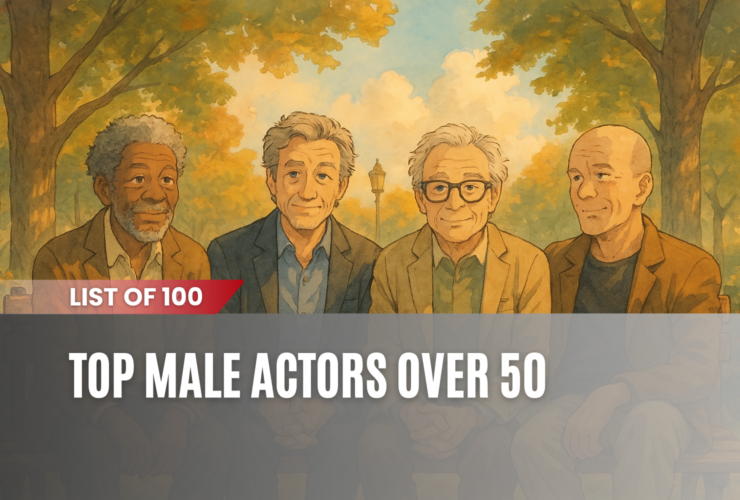 Ghibli-style watercolor illustration of iconic male actors over 50, featuring cinematic elements and timeless expressions, symbolizing their lasting impact on Hollywood.