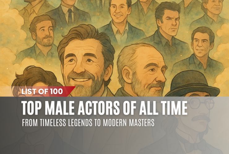 Ghibli-style illustration featuring iconic male actors from film history, inspired by roles in classic and modern cinema.