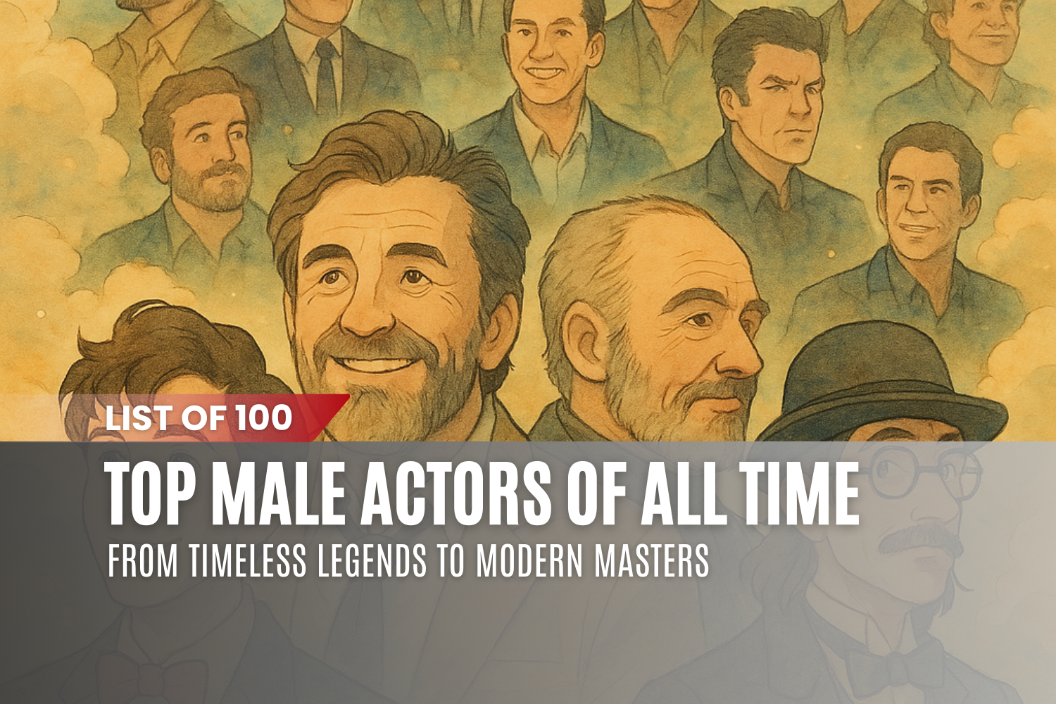 Ghibli-style illustration featuring iconic male actors from film history, inspired by roles in classic and modern cinema.