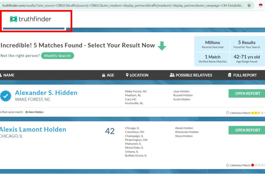 TruthFinder results page showing multiple matches for 'Alex Hidden' and an option to purchase a full background report