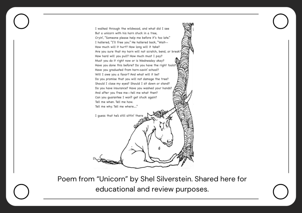 Image of Shel Silverstein’s poem "Unicorn" designed by tricklings.com on Canva.