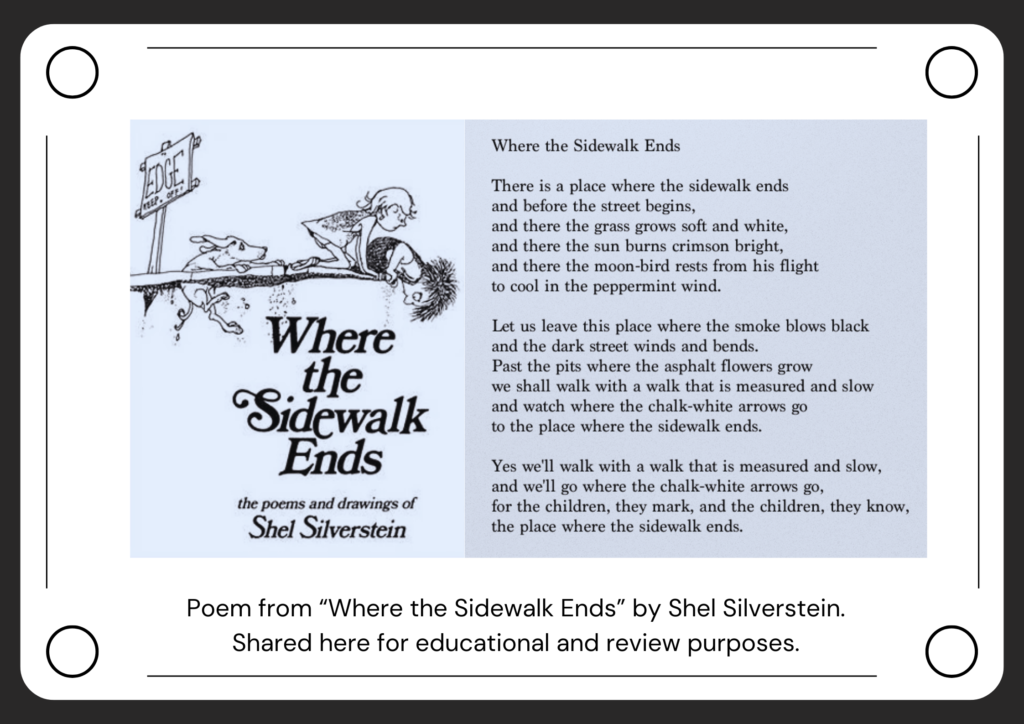 Image of Shel Silverstein’s poem ‘Where the Sidewalk Ends,’ designed by tricklings.com on Canva.