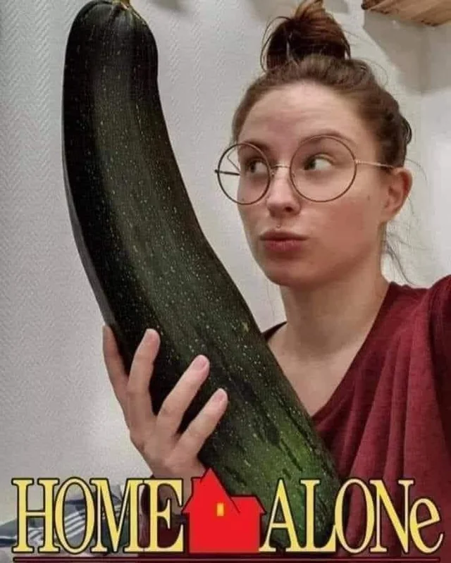 Woman holding a massive zucchini with a funny Home Alone parody caption — one of the top 20 funniest pictures online