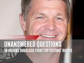 Smiling portrait of Brooks Douglass with a headline overlay reading: 'Unanswered Questions in Brooks Douglass’ Fight for Victims' Rights.'