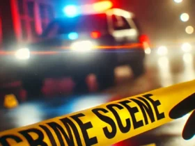 A crime scene at night with yellow crime scene tape and flashing police lights, creating a tense atmosphere.