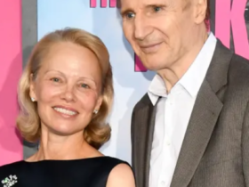 Pamela Anderson and Liam Neeson on July 28. Credit : Kristina Bumphrey/Variety via Getty