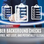 A businessman selecting a virtual checklist, representing background check services. Text overlay exposes CyberBackgroundChecks as not free, not legit, and potentially illegal.