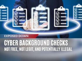 A businessman selecting a virtual checklist, representing background check services. Text overlay exposes CyberBackgroundChecks as not free, not legit, and potentially illegal.