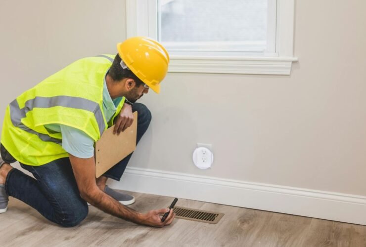 Contractor inspecting electrical socket in a modern home interior