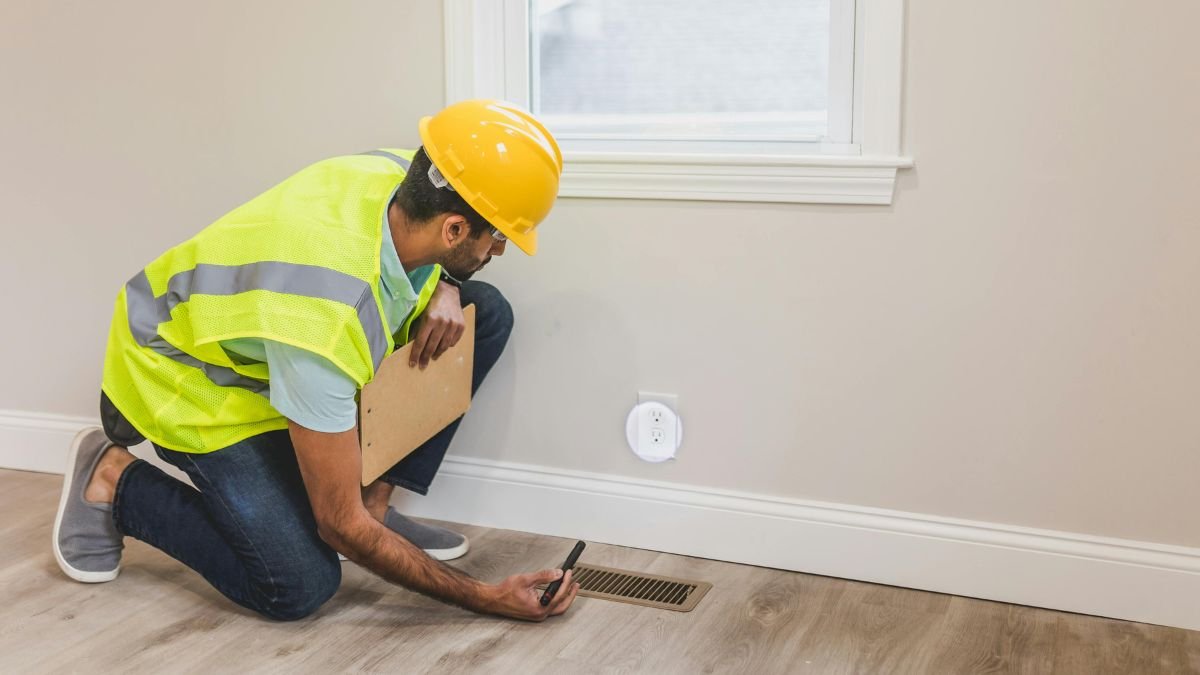 Contractor inspecting electrical socket in a modern home interior