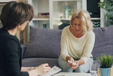Two women talking during a mental health consultation session