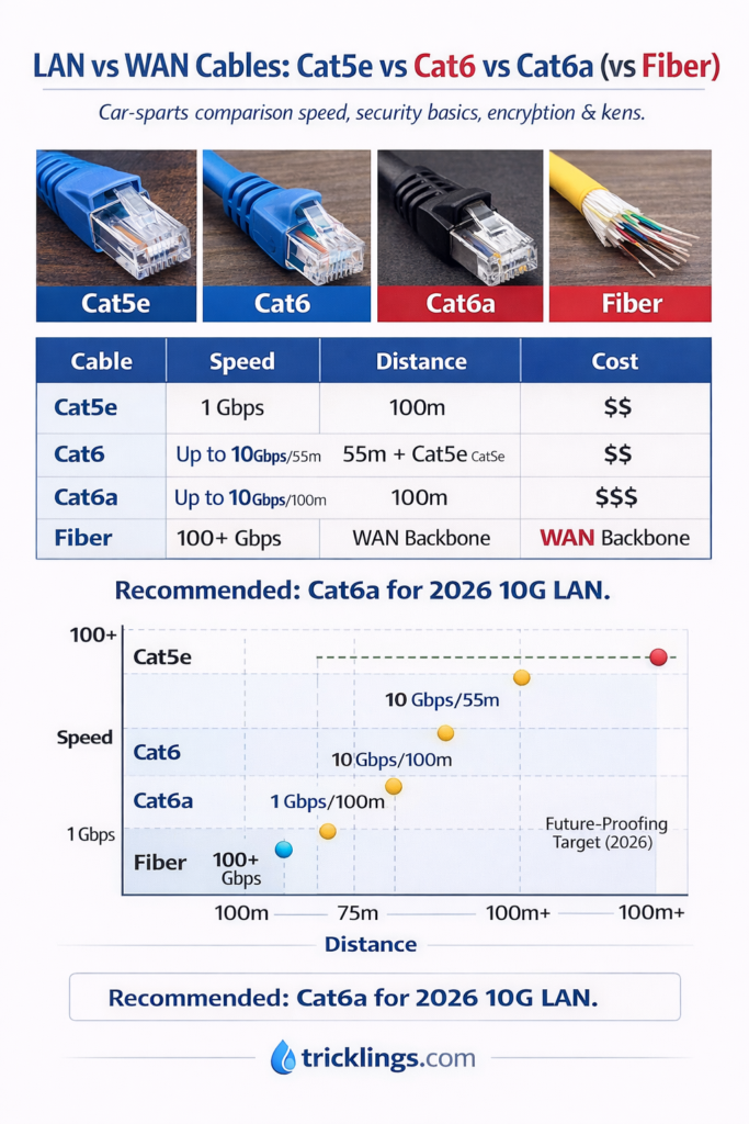 Ethernet cables comparison 2026: Cat5e (1Gbps), Cat6 (10Gbps/55m), Cat6a (10Gbps/100m shielded) vs fiber for LAN WAN optimal performance and future-proofing.