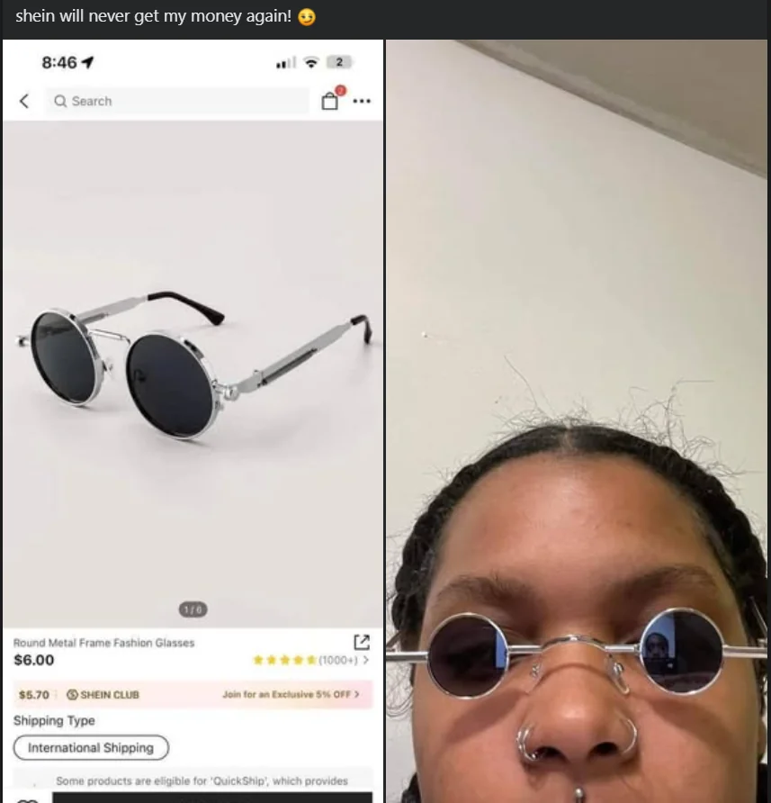 funny photo of tiny round shein sunglasses barely covering eyes