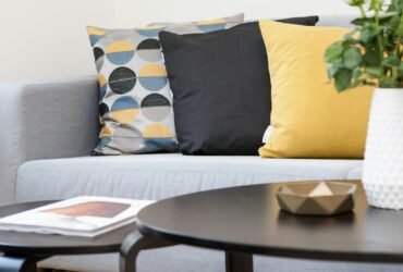Cozy living room with neutral tones and soft lighting
