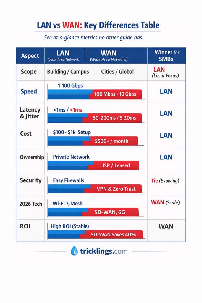 LAN vs WAN comparison table 2026: Speed (1-100Gbps vs 100Mbps-10Gbps), latency (<1ms vs 50-200ms), cost, ownership—ideal for SMB decisions.