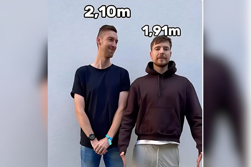 Michiel, a YouTuber from CelineDept’s channel, standing next to MrBeast in a height comparison. Michiel is measured at 2.10m (6'10.5"), significantly taller than MrBeast, who is shown at 1.91m (6'3").