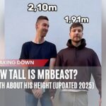 MrBeast stands next to Michiel from CelineDept’s channel in a height comparison. MrBeast’s height is labeled as 1.91m (6’3”), while Michiel towers over him at 2.10m (6’10”). The image includes a bold title overlay, stating ‘How Tall is MrBeast? Truth About His Height (Updated 2025).’