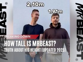 MrBeast stands next to Michiel from CelineDept’s channel in a height comparison. MrBeast’s height is labeled as 1.91m (6’3”), while Michiel towers over him at 2.10m (6’10”). The image includes a bold title overlay, stating ‘How Tall is MrBeast? Truth About His Height (Updated 2025).’