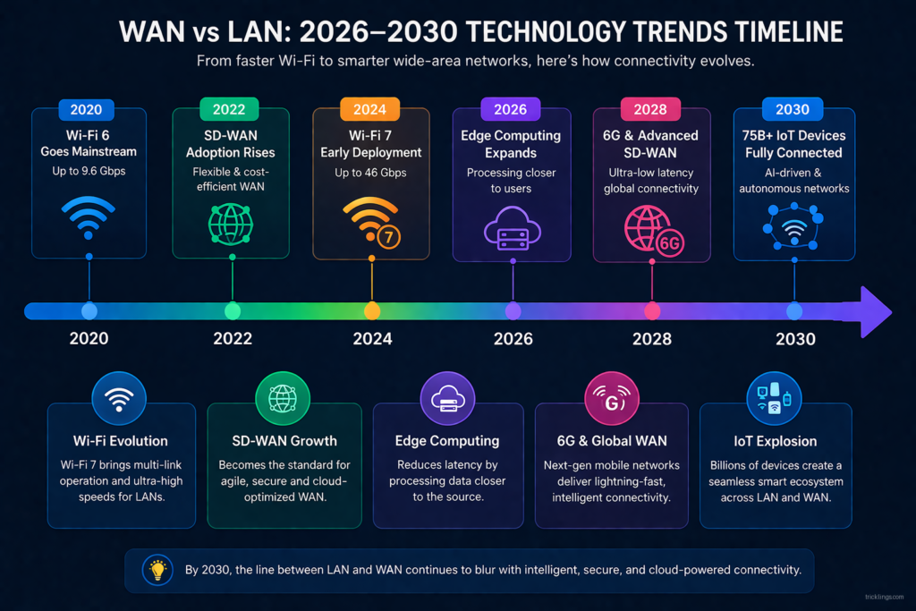 Networking trends timeline 2026-2030: Wi-Fi 7 (46Gbps), SD-WAN growth, edge computing, IoT integration blurring LAN WAN lines.