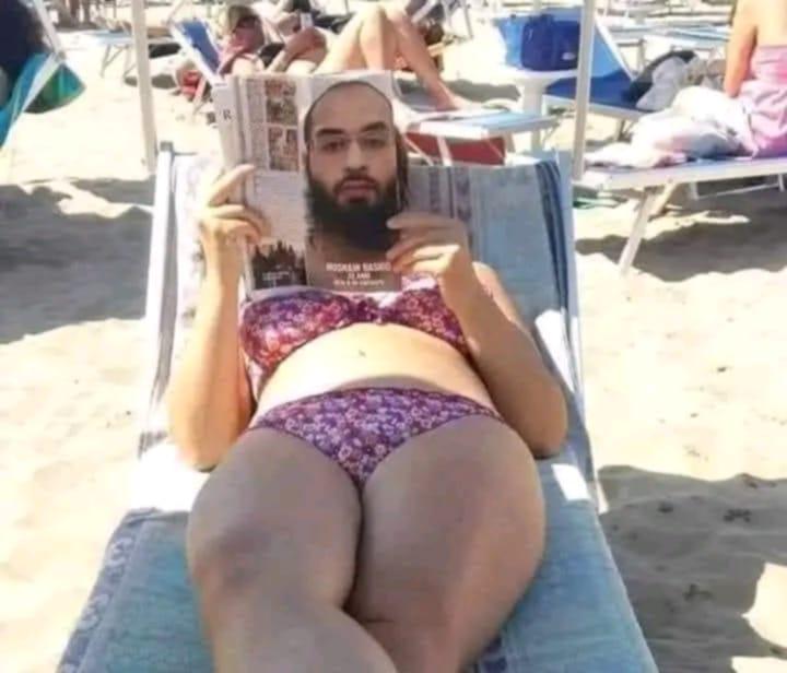 optical illusion photo of bikini person with bearded magazine face at beach