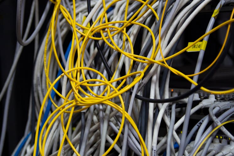 Close-up view of Ethernet cables in a network switch