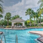 Luxurious backyard pool with palm trees, representing a well-built pool by a reliable pool-building business.