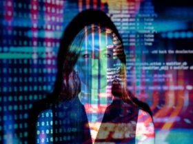 Woman analyzing digital code projections for podcast data monitoring