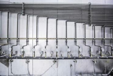 Steel pipe lines with pressure gauge used in plumbing systems