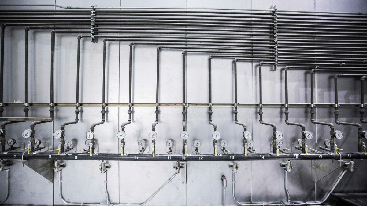 Steel pipe lines with pressure gauge used in plumbing systems