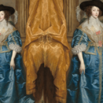 Queen Henrietta Maria standing beside Jeffrey Hudson in royal court attire.