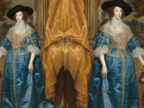 Queen Henrietta Maria standing beside Jeffrey Hudson in royal court attire.