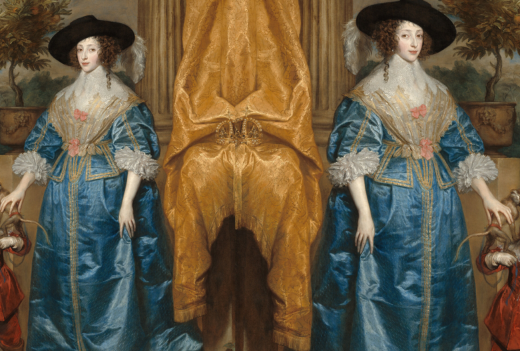 Queen Henrietta Maria standing beside Jeffrey Hudson in royal court attire.